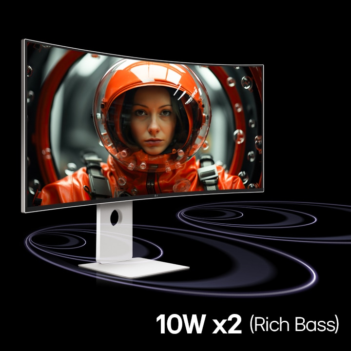 A UltraFine monitor is placed in a virtual space with soundwaves coming from the bottom part of the monitor moving forward. On the screen a woman in a red-space-suit is facing forward.