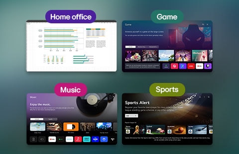 Rozmanitost aplikací v systému webOS 23, včetně aplikací Home Office, Hry, Hudba a Sport.