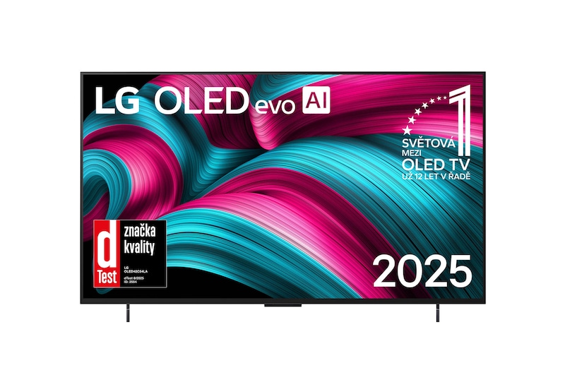 Čelní pohled na LG OLED evo AI C5 4K Smart TV. Na obrazovce je emblém 12 let světové jedničky OLED a logo LG OLED evo AI 2025.