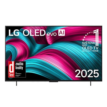 Čelní pohled na LG OLED evo AI C5 4K Smart TV. Na obrazovce je emblém 12 let světové jedničky OLED a logo LG OLED evo AI 2025.