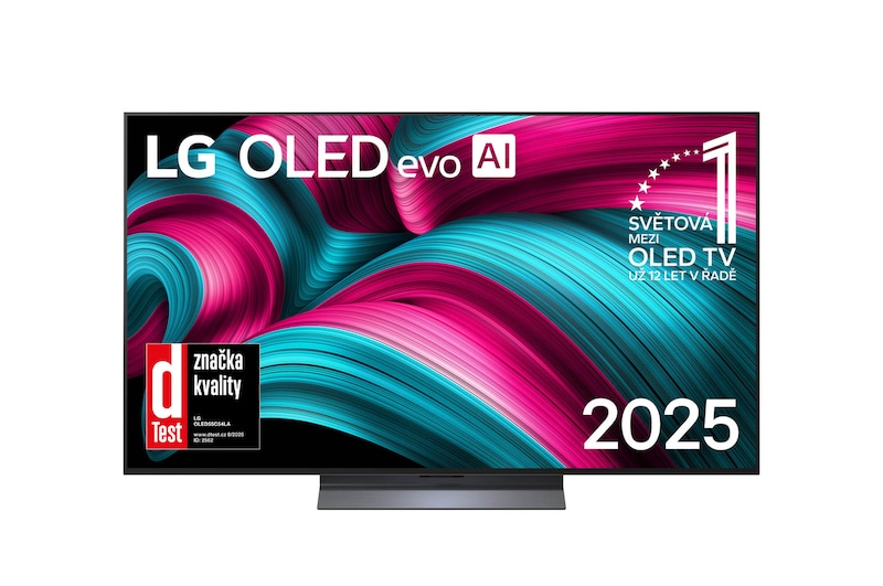 Čelní pohled na LG OLED evo AI C5 4K Smart TV. Na obrazovce je emblém 12 let světové jedničky OLED a logo LG OLED evo AI 2025.