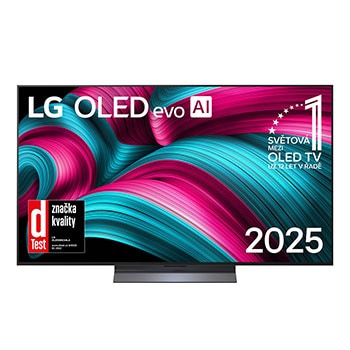 Čelní pohled na LG OLED evo AI C5 4K Smart TV. Na obrazovce je emblém 12 let světové jedničky OLED a logo LG OLED evo AI 2025.