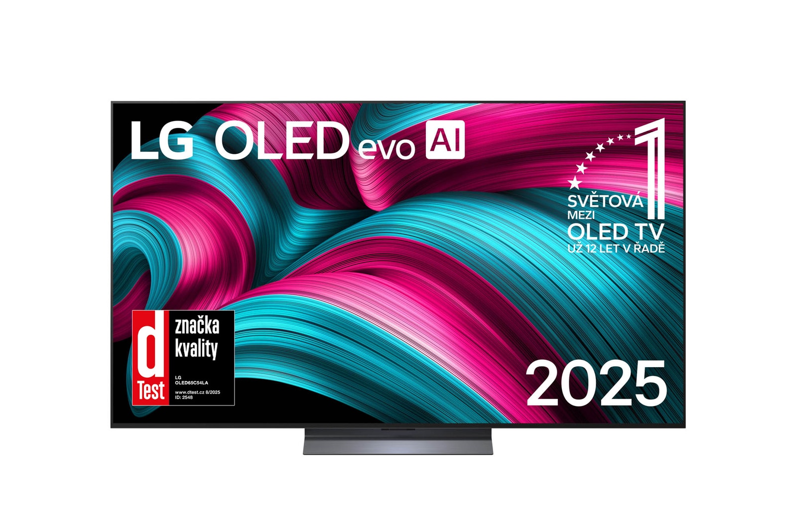 Čelní pohled na LG OLED evo AI C5 4K Smart TV. Na obrazovce je emblém 12 let světové jedničky OLED a logo LG OLED evo AI 2025.