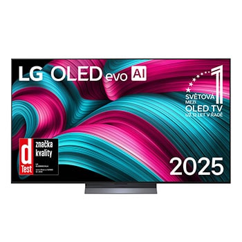 Čelní pohled na LG OLED evo AI C5 4K Smart TV. Na obrazovce je emblém 12 let světové jedničky OLED a logo LG OLED evo AI 2025.
