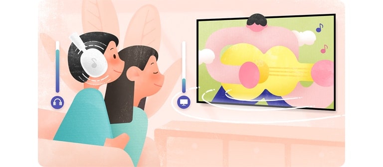 Ilustrace dvou lidí, kteří na televizoru LG OLED sledují hudební vystoupení. Chlapec má nasazená sluchátka a nastavenou vysokou hlasitost. Žena poslouchá tišší zvuk z reproduktorů televizoru.