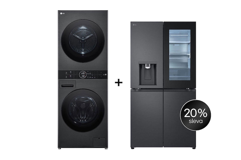 Čelní pohled na SET | LG WashTower WT1210BBF + Chladnička InstaView™ GMG960EVEE CHPRSET5