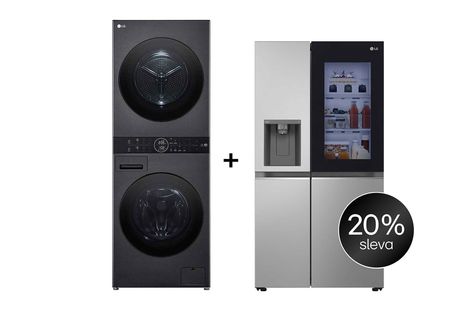Čelní pohled na SET | LG WashTower WT1210BBF + Chladnička InstaView™ GSGV80PYLD CHPRSET11