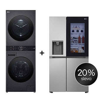 Čelní pohled na SET | LG WashTower WT1210BBF + Chladnička InstaView™ GSGV80PYLD CHPRSET11