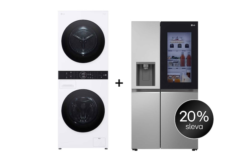 Čelní pohled na SET | LG WashTower WT1210WWF + Chladnička InstaView™ GSGV80PYLD CHPRSET12