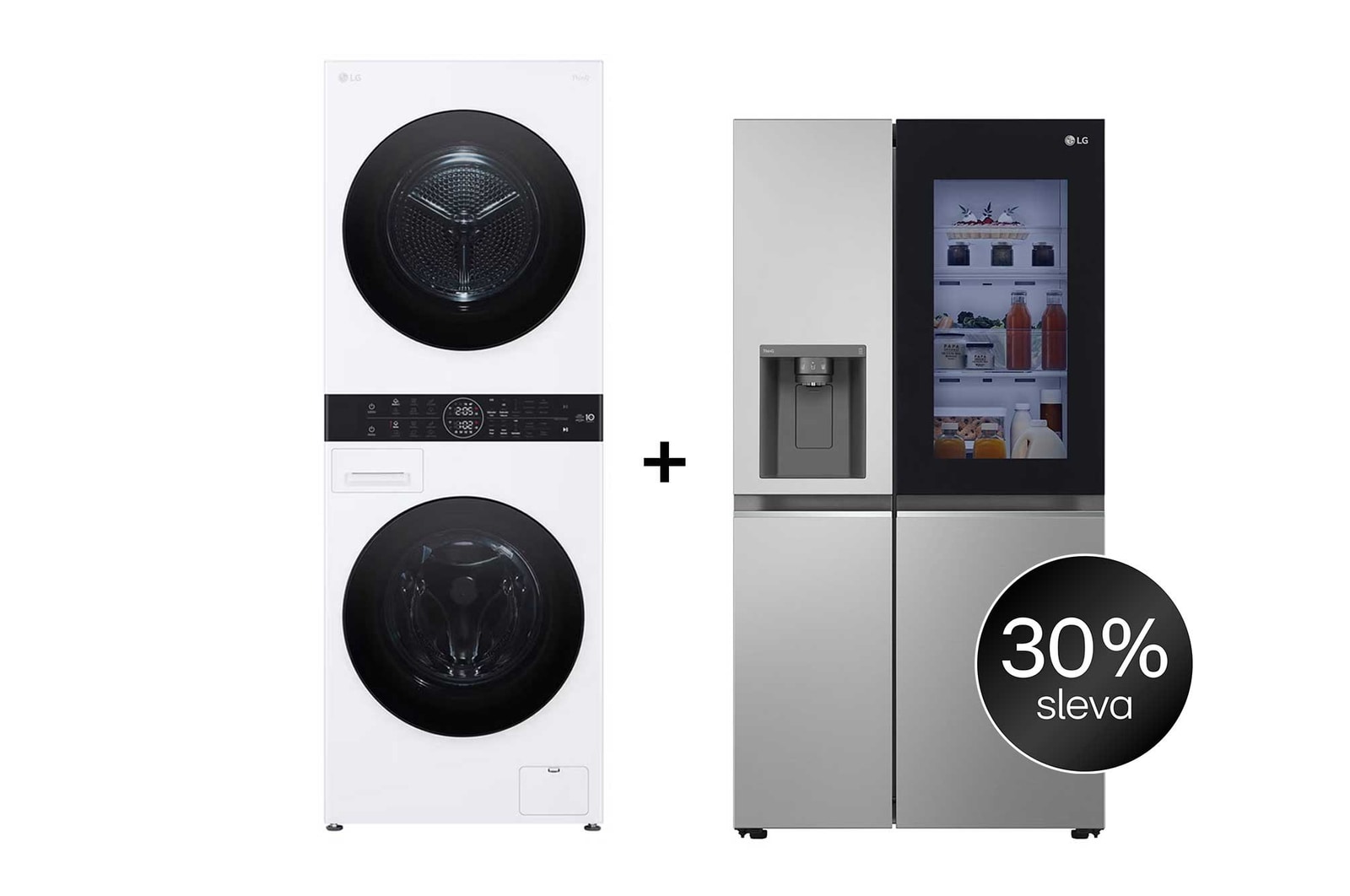 Čelní pohled na SET | LG WashTower WT1210WWF + Chladnička InstaView™ GSGV80PYLD CHPRSET12