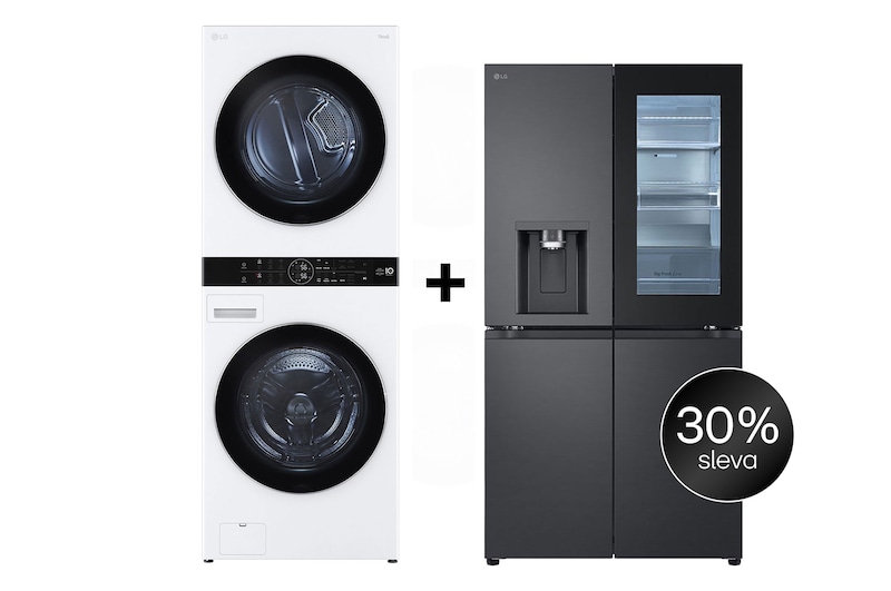 Čelní pohled na SET | LG WashTower WT1716WWF + Chladnička InstaView™ GMG960EVEE CHPRSET17