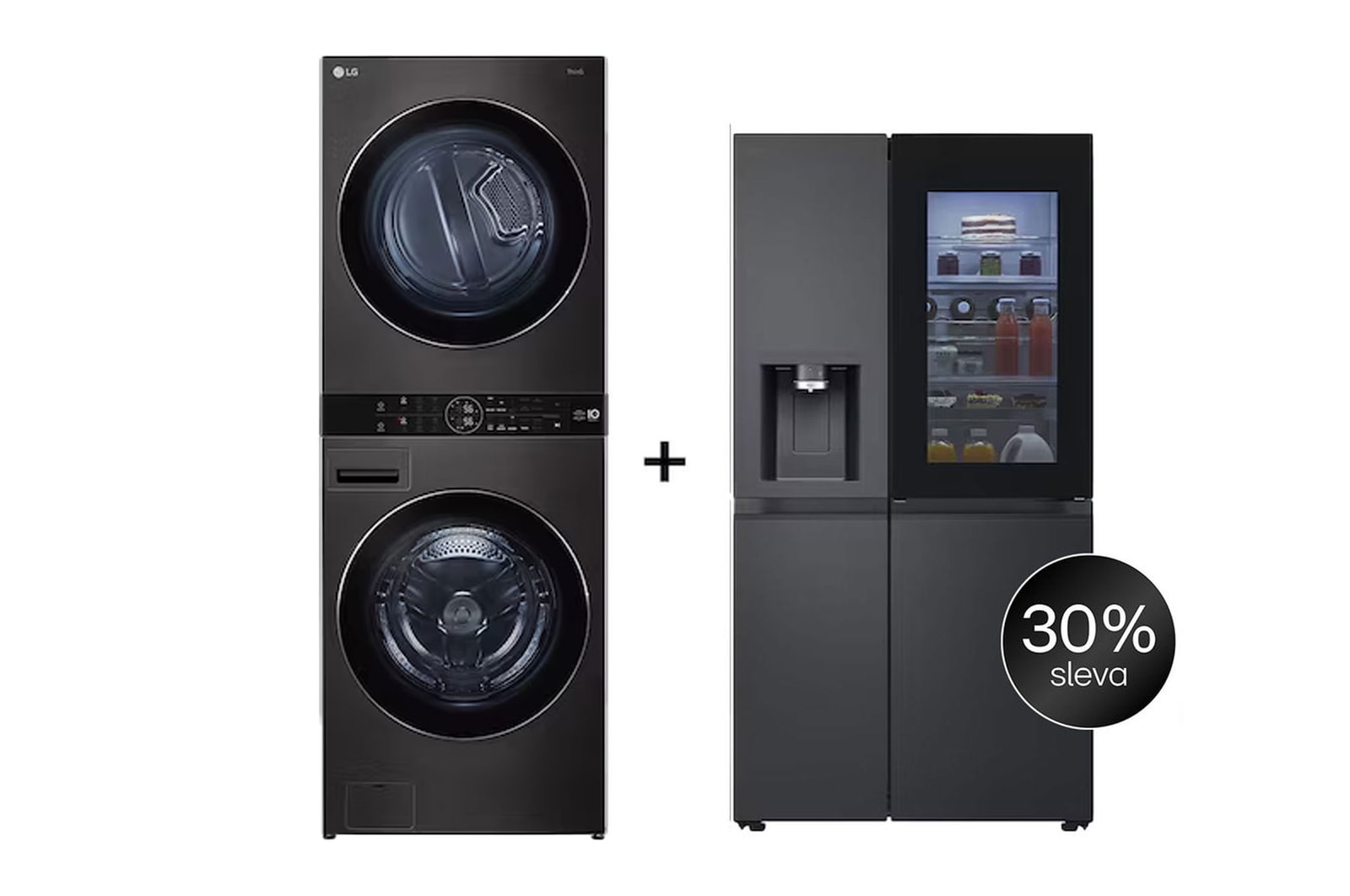 Čelní pohled na SET | LG WashTower WT1716BBF + Chladnička InstaView™ GSGV80PYLD CHPRSET20