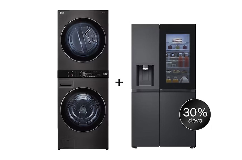 Čelní pohled na SET | LG WashTower WT1716BBF + Chladnička InstaView™ GSGV80PYLD CHPRSET20