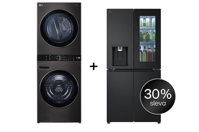 Čelní pohled na SET | LG WashTower WT1716BBF + Chladnička InstaView™ GMG860EPBE CHPRSET22