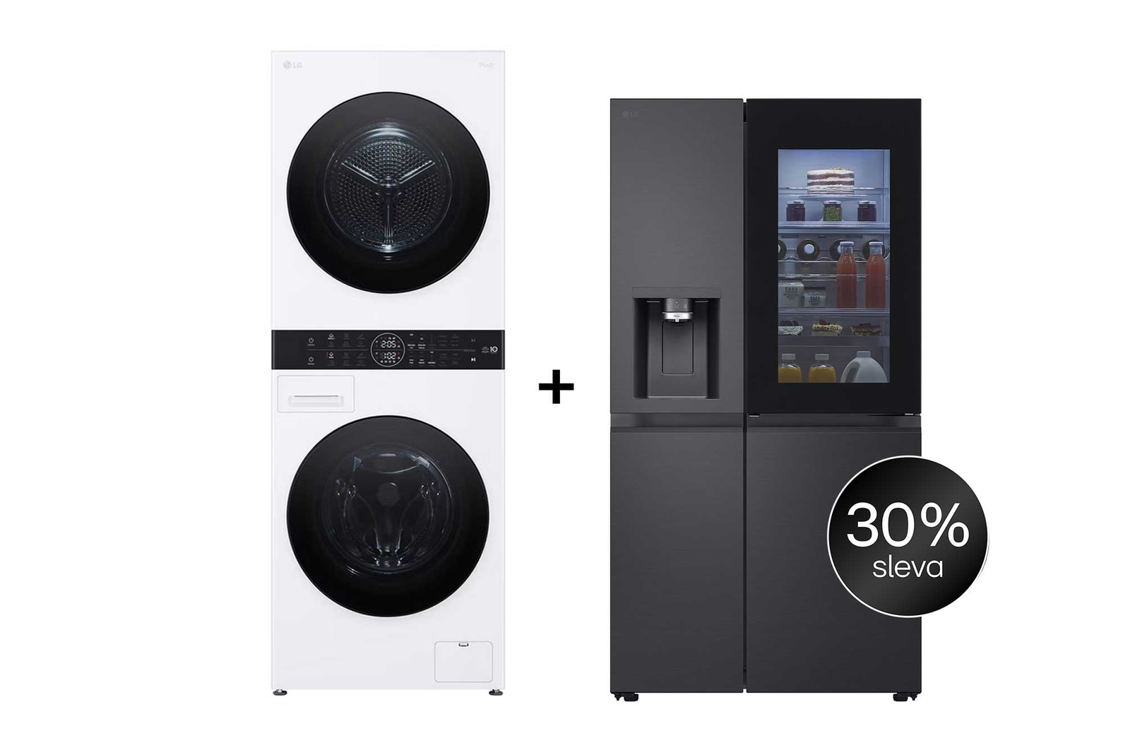 Čelní pohled na SET | LG WashTower WT1210WWF + Chladnička InstaView™ GSXE90EVAD CHPRSET9