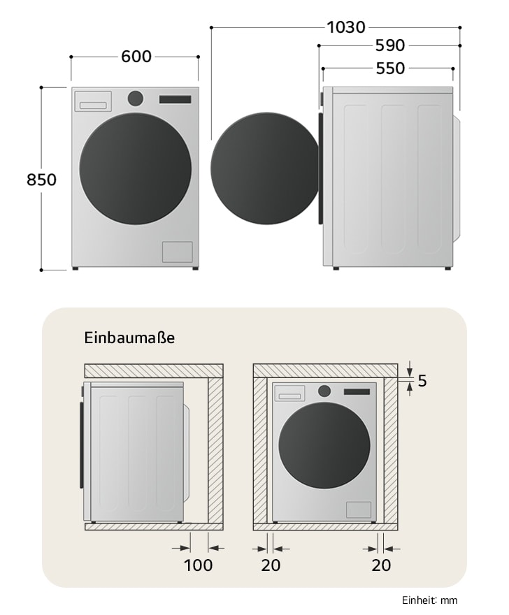 Technische Zeichnung der LG Waschmaschine: B 600, H 850, T 550 mm (Tür offen 1030 mm), inkl. Installationsabstände.