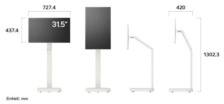 Maßansicht des LG Smart Monitor Swing Monitor 32-inch mit 727.4×1302.3×420mm inkl. Standfuß; Panelhöhe 437.4mm.