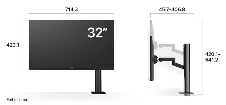 Maßansicht
des LG UltraFine™ UHD 4K&5K Monitor 32-inch mit
714.3×420.1-641.2×45.7-406.8mm inkl. Standfuß; Panelhöhe 420.1mm.