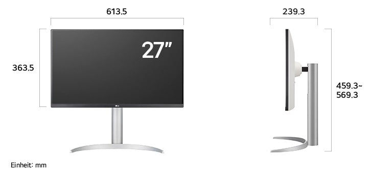 Maßansicht
des LG UltraFine™ UHD 4K&5K Monitor 27-inch mit 613.5×459.3~569.3×239.3mm
inkl. Standfuß; Panelhöhe 363.5mm.