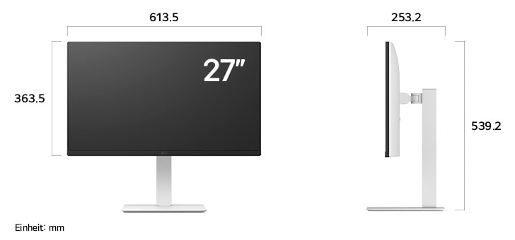 Maßansicht
des LG UltraFine™ UHD 4K&5K Monitor 27-inch mit 613.5×539.2×253.2mm inkl.
Standfuß; Panelhöhe 363.5mm.