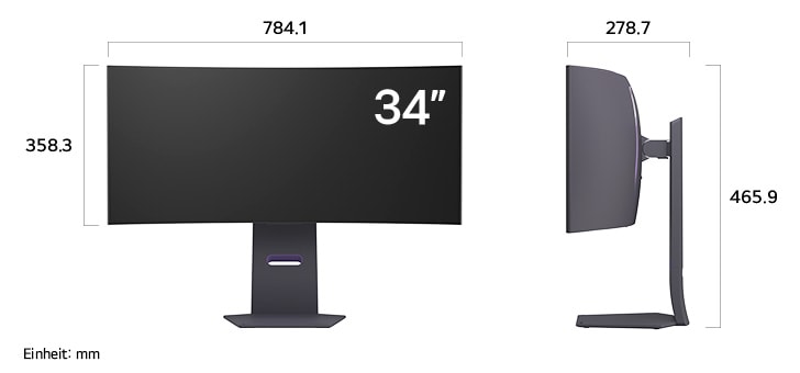 Maßansicht des LG UltraGear™ Gaming Monitor 34-inch mit 784.1×465.9×278.7mm inkl. Standfuß; Panelhöhe 358.3mm.