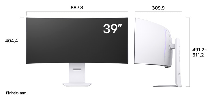 Maßansicht
des LG UltraGear™ Gaming Monitor 39-inch mit 887.8×491.2~611.2×309.9mm inkl.
Standfuß; Panelhöhe 404.4mm.