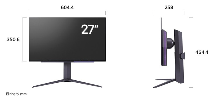 Maßansicht
des LG UltraGear™ Gaming Monitor 27-inch mit 604.4×464.4×258mm inkl.
Standfuß; Panelhöhe 350.6mm.