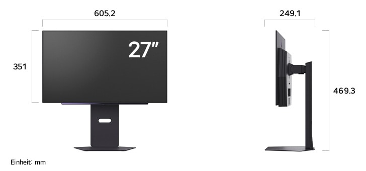 Maßansicht des LG UltraGear™ Gaming Monitor 27-inch mit 605.2×469.3×249.1mm inkl. Standfuß; Panelhöhe 351mm.