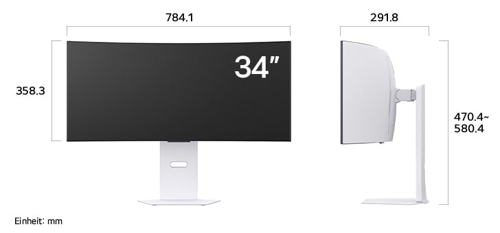 Maßansicht des LG UltraGear™ Gaming Monitor 34-inch mit 784.1×470.4-580.4×291.8mm inkl. Standfuß; Panelhöhe 358.3mm.