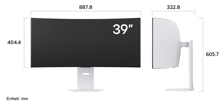 Maßansicht des LG UltraGear™ Gaming Monitor 39-inch mit 887.8×605.7×322.8mm inkl. Standfuß; Panelhöhe 404.4mm.