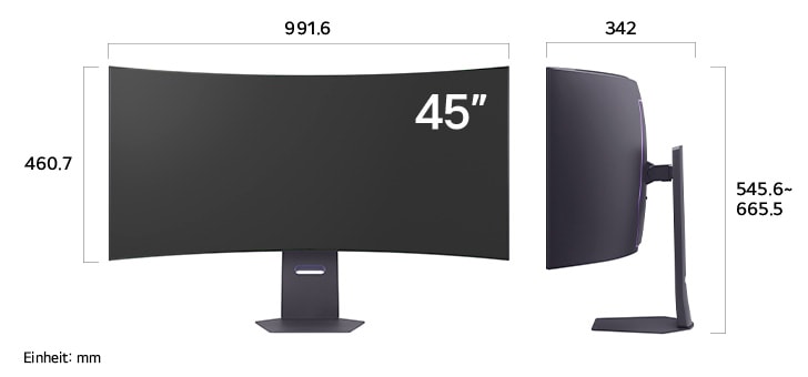 Maßansicht des LG UltraGear™ Gaming Monitor 45-inch mit 991.6×545.6-665.5×342mm inkl. Standfuß; Panelhöhe 460.7mm.