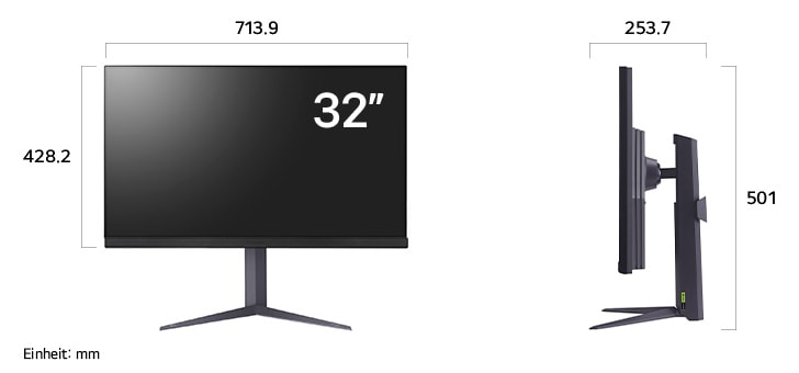 Maßansicht des LG UltraGear™ Gaming Monitor 32-inch mit 713.9×501×253.7mm inkl. Standfuß; Panelhöhe 428.2mm.