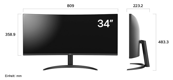 Maßansicht des LG UltraWide™ Monitor 34-inch mit 809×483.3×223.2mm inkl. Standfuß; Panelhöhe 358.9mm.