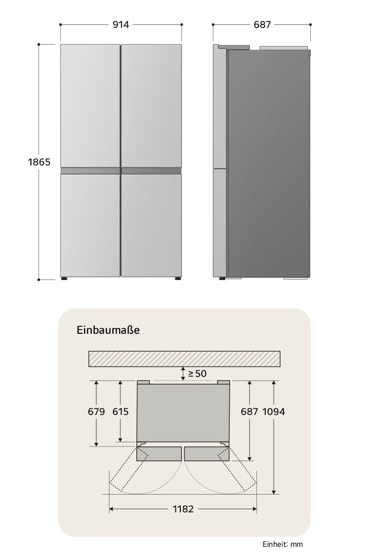 LG MoodUP™ Kühlschrank GMV960NNME zeigt die genauen Einbaumaße und Produktabmessungen, darunter eine Höhe von 1865 mm, Breite von 914 mm und Tiefe von 687 mm.