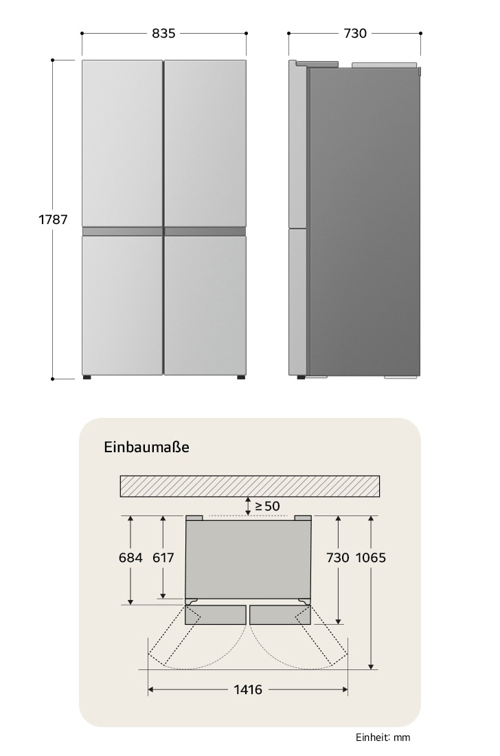 LG Multi-Door Kühlschrank GMG861EPAE zeigt die genauen Einbaumaße und Produktabmessungen, darunter eine Höhe von 1787 mm, Breite von 835 mm und Tiefe von 730 mm.