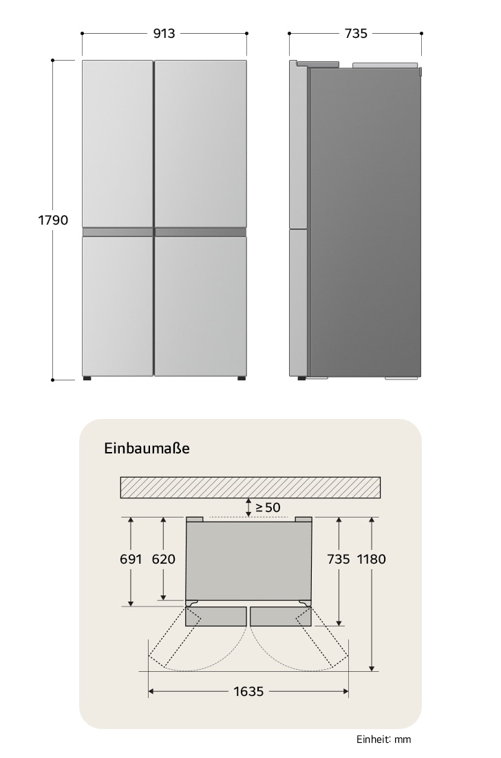 LG Side-by-Side Kühlschrank GSXB90EVDD zeigt die genauen Einbaumaße und Produktabmessungen, darunter eine Höhe von 1790 mm, Breite von 913 mm und Tiefe von 735 mm.