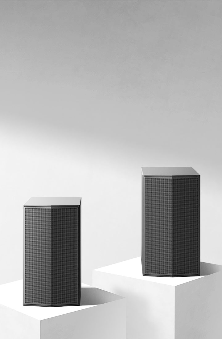 Hintere Lautsprecher in einem weißen Raum, die jeweils auf einem Marmorpodium stehen.