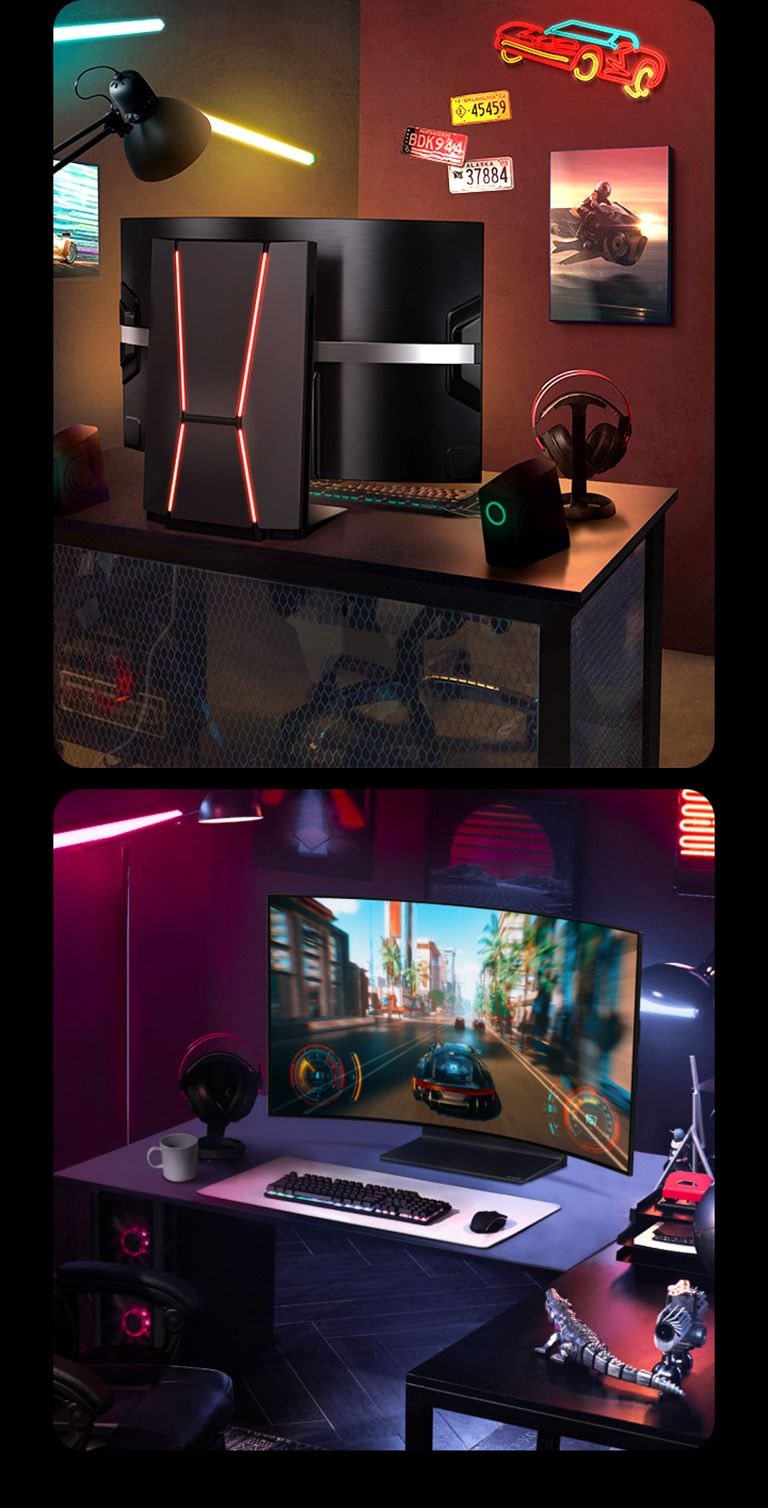 LG OLED Flex von hinten gesehen in einem farbenfrohen Gaming-Raum. Das Schilddesign wird mit einer roten Hintergrundbeleuchtung beleuchtet. Ein weiteres Bild zeigt das LG OLED Flex von vorne in einem dunklen und violett beleuchteten Spielzimmer beim Spielen eines Renn-Games.