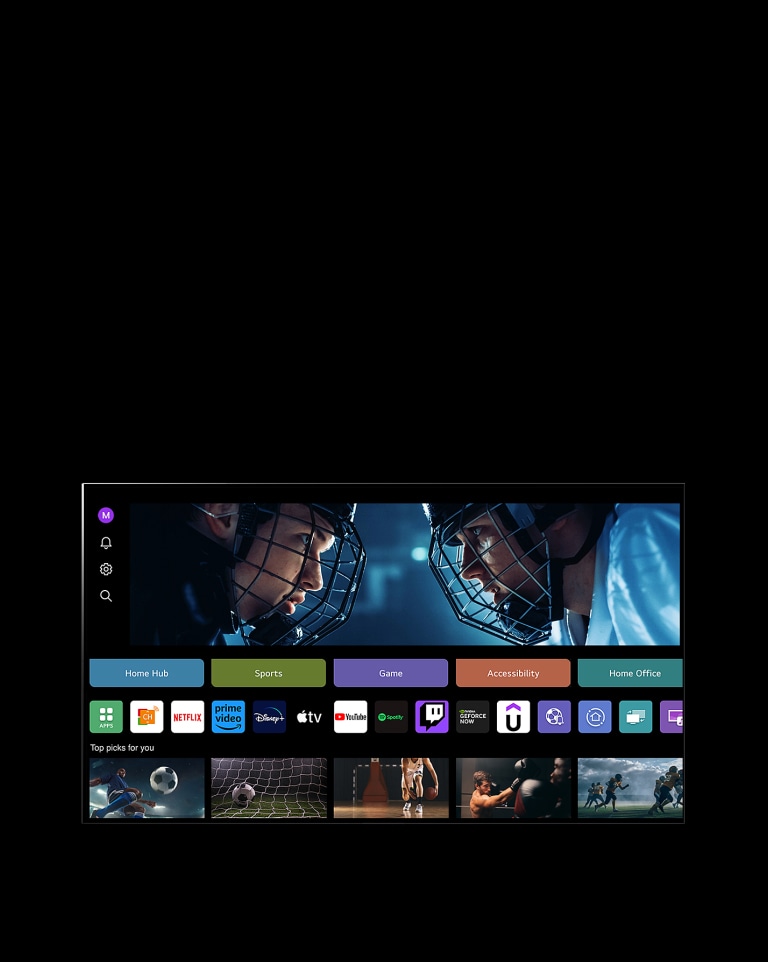 Ein LG TV-Bildschirm zeigt die Ansicht Mein Profil an. Im oberen Drittel ist ein Banner für Tangible Wonders zu sehen. Unterhalb des Banners werden die folgenden Schaltflächen angezeigt: Home Hub, Sport, Game, Barrierefreiheit, Heimbüro. Unterhalb der Schaltflächen werden die folgenden Logos angezeigt: LG Channels, Netflix, Prime Video, Disney+, Apple TV, YouTube, Spotify, Twitch, GeForce Now und Udemy. Unterhalb der Logos werden 5 Vorschaubilder von Filmen unter dem Text „Top-Auswahl für Sie“ angezeigt. Ein Mauszeiger klickt auf das anfängliche „S“ in der oberen linken Ecke. Ein Auswahlmenü für das LG-Konto öffnet sich und es werden fünf Namen angezeigt. Der Mauszeiger klickt auf den zweiten Namen, während sich die Vorschaubilder und empfohlenen Inhalte auf dem Bildschirm ändern.