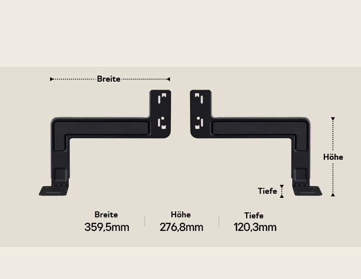 Zwei Komponenten des WOW Bracket längs vor einem beigefarbenen Hintergrund. Breite, Höhe und Tiefe sind durch beschriftete Pfeile angegeben. Unten die folgenden Angaben: Breite 359,5 mm, Höhe 276,8 mm, Tiefe 120,3 mm.