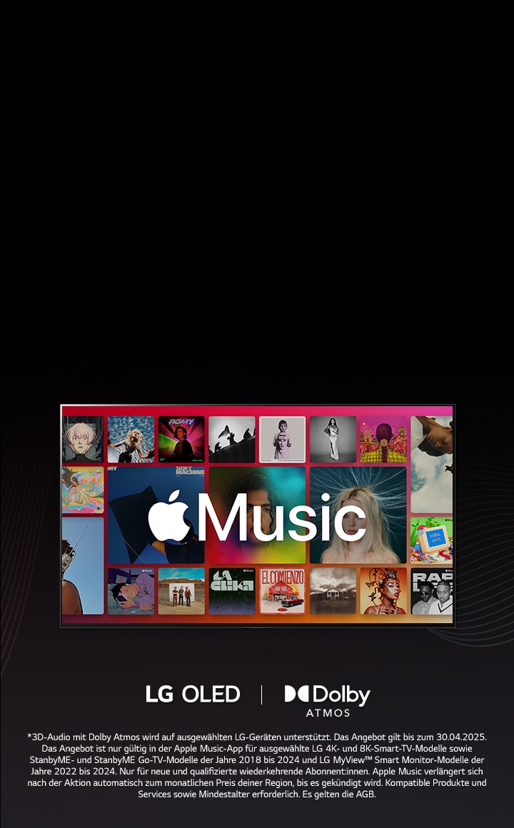 Ein Rasterlayout von Alben mit dem Apple Music-Logo überlagert, mit LG OLED und Dolby Atmos Logo darunter.