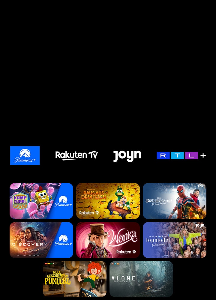 Die Logos von Paramount+, Rakuten TV, ROXi und Now erscheinen in einer Reihe. Darunter befinden sich Poster für exklusive TV-Serien und Filme.