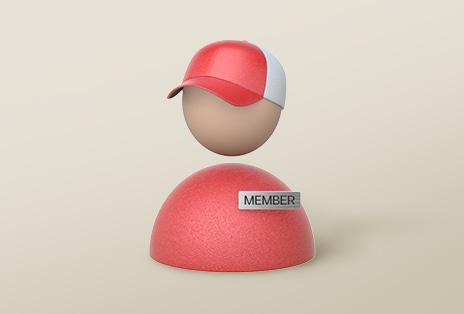 Symbol einer Person mit roter Kappe und „LG MEMBER“-Plakette, steht für exklusive Events.