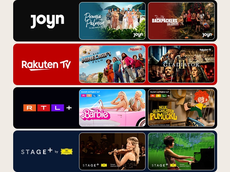 Vier farbige Boxen mit Logos beliebter Streaming-Dienste mit jeweils zwei Miniaturansichten von Fernsehsendungen, die eine vielfältige Auswahl an Streaming-Inhalten wie Sendungen, Filmen und Dokumentarfilmen veranschaulichen.