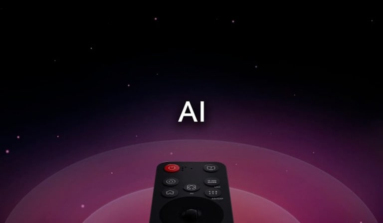 LG AI Magic Remote-Fernbedienung mit hervorgehobenem ai Button. Es gibt eine grafische UI-Darstellung mit Symbolen, die zeigt, wie der AI Button den Zugang zu verschiedenen AI-Funktionen ermöglicht. Zu den Services gehören AI Voice ID, AI Search, AI Chatbot, AI Concierge, AI Picture Wizard und AI Sound Wizard. Die Funktionsweise wird gezeigt, indem der Cursor über einer Benutzeroberfläche erscheint und zeigt, wie die Fernbedienung wie eine Maus zum Zeigen und Klicken verwendet werden kann.