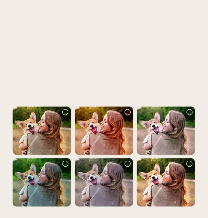 Bildschirm eines Benutzers, der den Personalisierungsprozess des AI Picture Wizard durchläuft. Es werden Bilderserien angezeigt, in denen die Auswahl des Benutzers hervorgehoben wird. Ein Ladesymbol erscheint und ein Landschaftsbild wird von links nach rechts verbessert.