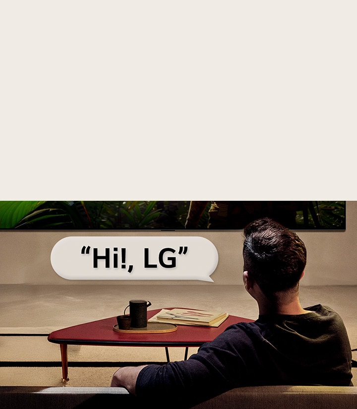 Eine Person in ihrem Wohnzimmer. Eine Sprechblase um sie herum zeigt, wie sie mit ihrem LG-Fernseher interagiert, indem sie einfach „Hi LG“ sagt.