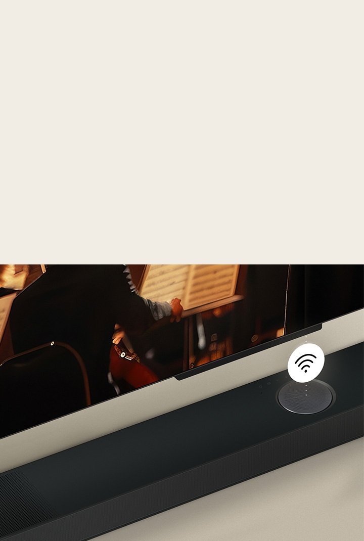 Nahaufnahme eines LG TV über einer LG Soundbar mit einem schwebenden WIFI-Symbol.