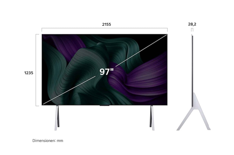 Frontansicht und Seitenansicht des LG SIGNATURE OLED TV M5 mit den Abmessungen Länge, Breite, Höhe und Tiefe.