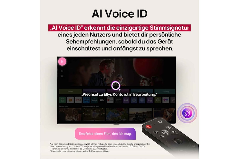 LG TV-Bildschirm mit einer AI Magic Remote im Vordergrund. Der AI Button ist hervorgehoben und eine Sprechblase zeigt den Text „Schlage einen Film vor, der mir gefällt“. Auf dem Bildschirm sehen wir das Benutzersymbol E, das anzeigt, dass AI Voice ID in der Lage war, den Benutzer zu identifizieren und personalisierte Empfehlungen allein auf der Grundlage seiner Stimme zu geben.